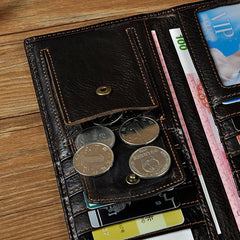 Genuine Leather Mens Trifold Wallet Coffee Long Wallet for Men with Multi Cards - imessengerbags