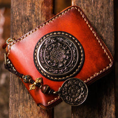 Handmade Leather Small Tibetan Tooled Mens billfold Wallet Cool Chain Wallet Biker Wallet for Men - imessengerbags