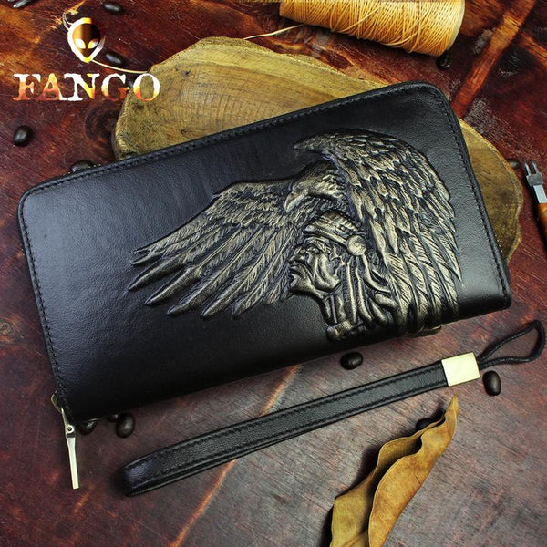 Handmade Leather Mens Tooled Indian Cool Zipper Phone Travel Long Wallet Card Holder Card Slim Clutch Wallets for Men - imessengerbags