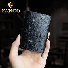 Handmade Leather Floral Mens Cool Short Wallet Card Holder Small Card Slim Wallets for Men - imessengerbags