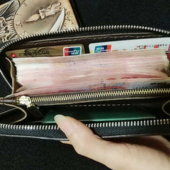 Handmade Leather Lion Tooled Mens Long Wallet Cool Leather Wallet Clutch Wallet for Men - imessengerbags