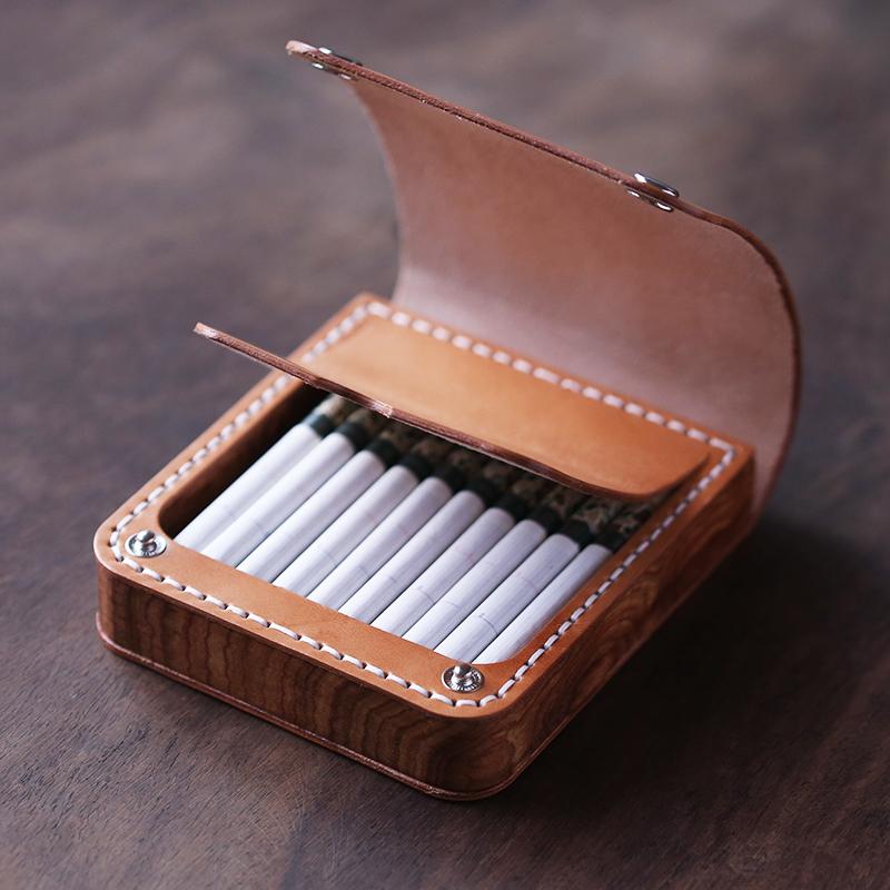 Handmade Wooden Coffee Leather Mens 20pcs Cigarette Case Cool Custom Cigarette Holder for Men