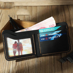 Handmade Slim Blue Leather Mens Billfold Wallet Personalize Bifold Small Wallets for Men