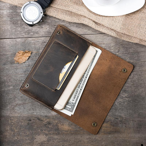 Handmade Leather Mens Clutch Wallet Cool Slim Leather Wallet Long Phone Wallets for Men - imessengerbags