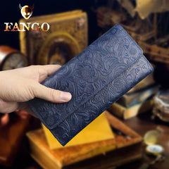 Handmade Leather Floral Mens Cool Travel Long Wallet Card Holder Card Trifold Clutch Wallets for Men - imessengerbags