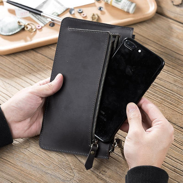 Handmade Leather Mens Clutch Wallet Cool Leather Wallet Zipper Phone Wallets for Men - imessengerbags