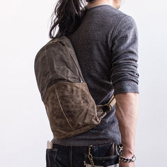 Canvas Leather Mens Cool Chest Bag Sling Bag Crossbody Bag Travel Bag Hiking Bag for men - imessengerbags