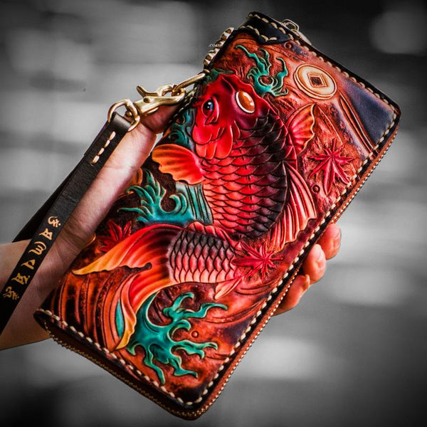 Handmade Leather Tooled Carp Mens Chain Biker Wallet Cool Leather Wallet Long Phone Wallets for Men - imessengerbags