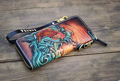 Handmade Leather Carp Mens Chain Biker Wallet Cool Leather Wallet Long Phone Wallets for Men