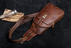 Handmade Leather Mens Cool Chest Bag Sling Bag Crossbody Bag Travel Bag Hiking Bag for men - imessengerbags