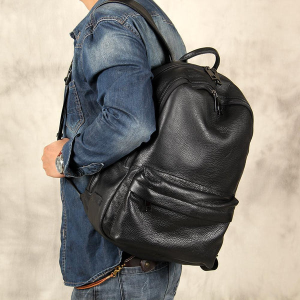 Mens Cool Leather Backpack Black Travel Bag School Bag for Men - imessengerbags