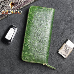 Handmade Leather Floral Mens Cool Travel Long Wallet Card Holder Card Slim Clutch Wallets for Men - imessengerbags
