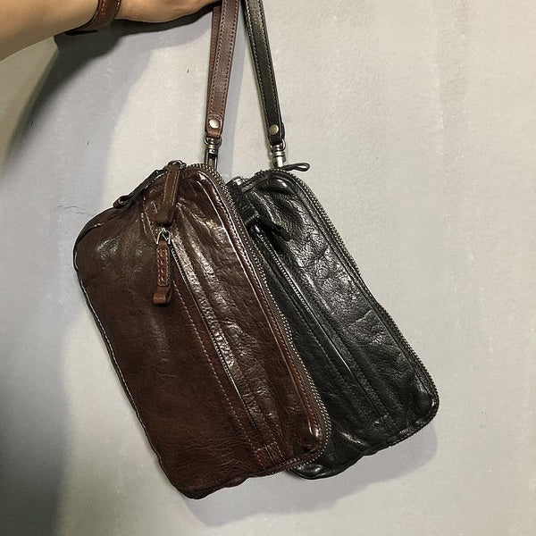 Handmade Genuine Leather Mens Cool Long Leather Wallet Zipper Clutch Wristlet Wallet for Men - imessengerbags