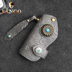 Handmade Leather Floral Mens Cool Car Key Wallet Coin Wallet Pouch Car KeyChain for Men - imessengerbags