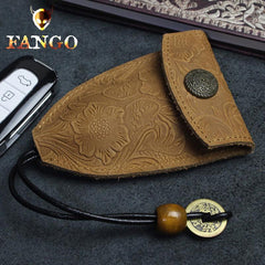Handmade Leather Floral Mens Cool Car Key Wallet Coin Wallet Pouch Car KeyChain for Men - imessengerbags
