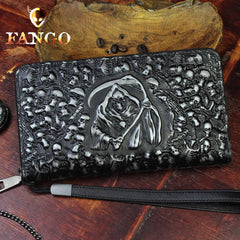 Handmade Leather Mens Tooled Skull Death Cool Zipper Phone Travel Long Wallet Card Holder Card Slim Clutch Wallets for Men - imessengerbags
