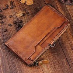 Handmade Leather Mens Cool Long Leather Wallet Bifold Clutch Wallet for Men