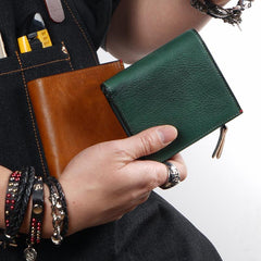 Handmade Mens Cool billfold Leather Wallet Men Small Zipper Wallets Bifold for Men - imessengerbags