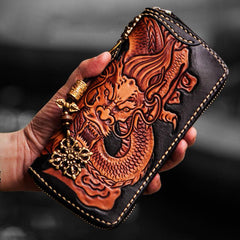 Handmade Leather Tooled Chinese Dragon Mens Chain Biker Wallet Cool Leather Wallet Zipper Long Phone Wallets for Men - imessengerbags