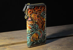 Handmade Leather Carp Mens Chain Biker Wallet Cool Leather Wallet Long Phone Wallets for Men