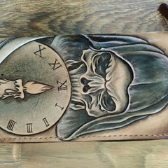 Handmade Leather Skull Death Tooled Mens Long Wallet Cool Leather Wallet Clutch Wallet for Men - imessengerbags