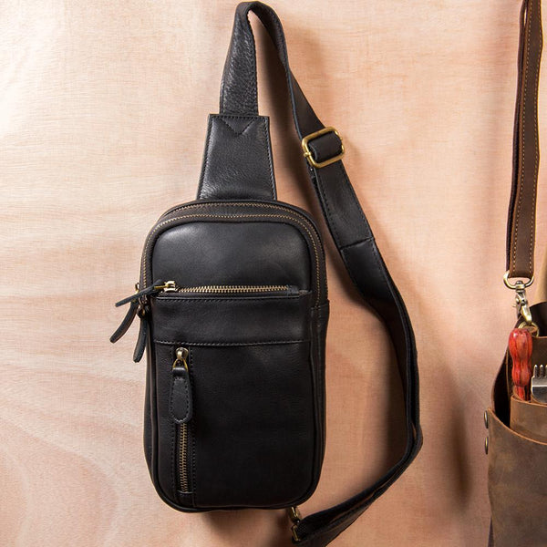 Leather Mens Cool Sling Bag Black Coffee Crossbody Bag Chest Bag for men - imessengerbags