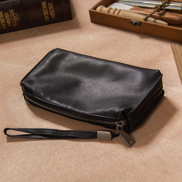 Cool Leather Mens Clutch Wristlet Bag Black Zipper Clutch for Men - imessengerbags