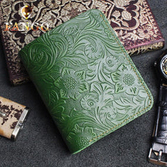 Handmade Leather Floral Mens Cool Slim Leather Wallet Men billfold Wallets Bifold for Men - imessengerbags