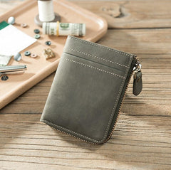 Handmade Leather Mens Cool Slim Leather Zipper Wallet Men Small Wallets Bifold for Men - imessengerbags