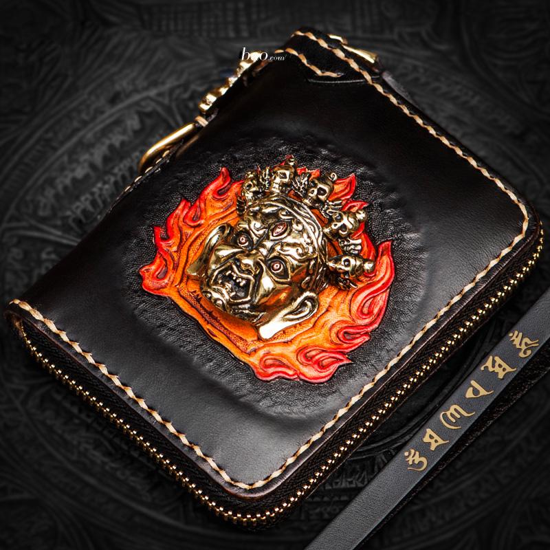 Handmade Mahākāla Leather Brown Biker Wallet Mens Cool Short Chain Wallet Trucker Wallet with Chain