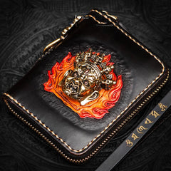Handmade Mahākāla Leather Brown Biker Wallet Mens Cool Short Chain Wallet Trucker Wallet with Chain