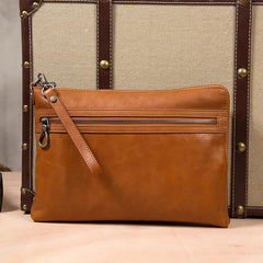 Leather Mens Clutch Wristlet Bag Brown Shoulder Bag Zipper Clutch for Men