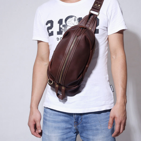 Handmade Leather Mens Cool Chest Bag Sling Bag Crossbody Bag Travel Bag Hiking Bag for men - imessengerbags