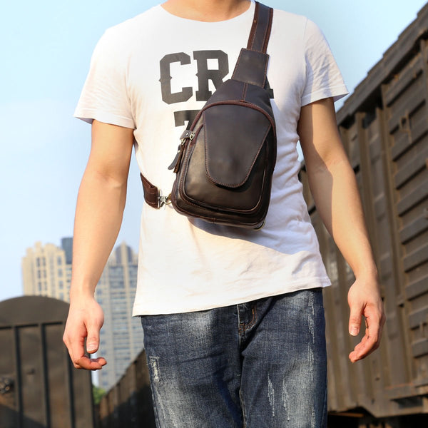 Genuine Leather Mens Cool Chest Bag Sling Bag Crossbody Bag Travel Bag Hiking Bag for men - imessengerbags