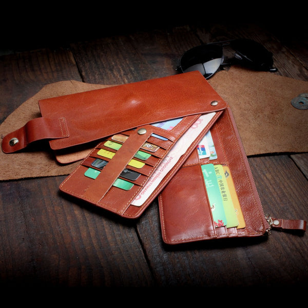 Genuine Leather Mens Cool Long Leather Wallet Card Wallet Clutch Wristlet Wallet for Men - imessengerbags