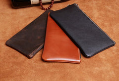 Genuine Leather Mens Cool Long Leather Wallet Slim Zipper Clutch Wristlet Wallet for Men