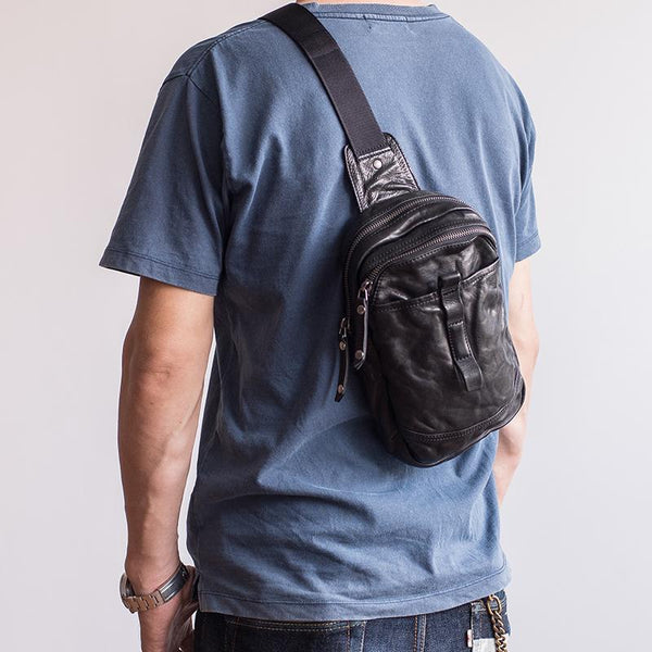 Genuine Leather Mens Cool Chest Bag Sling Bag Crossbody Bag Travel Bag Hiking Bag for men - imessengerbags