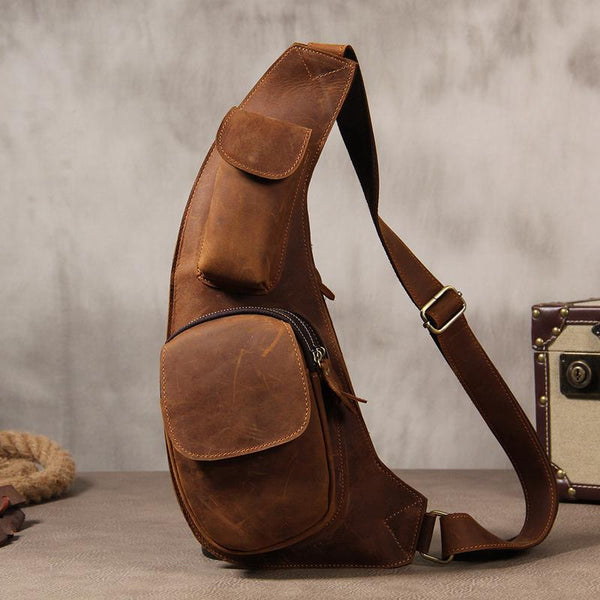 Hanmade Genuine Leather Vintage Brown Coffee Mens Cool Sling Bag Crossbody Bag Chest Bag for men - imessengerbags