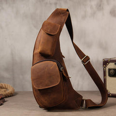 Hanmade Genuine Leather Vintage Brown Coffee Mens Cool Sling Bag Crossbody Bag Chest Bag for men - imessengerbags