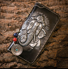Handmade Leather Mens Chain Biker Wallet Cool Tooled Ganesha Wallet Long Phone Wallets for Men