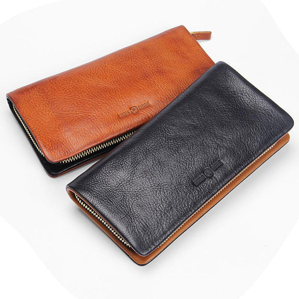 Handmade Leather Mens Cool Long Leather Wallet Bifold Clutch Wallet for Men - imessengerbags