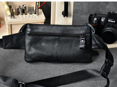 Black Leather Fanny Pack Mens Waist Bag Hip Pack Belt Bag for Men