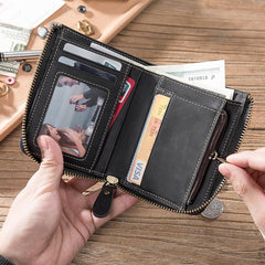 Handmade Leather Mens Cool Slim Leather Zipper Wallet Men Small Wallets Bifold for Men - imessengerbags