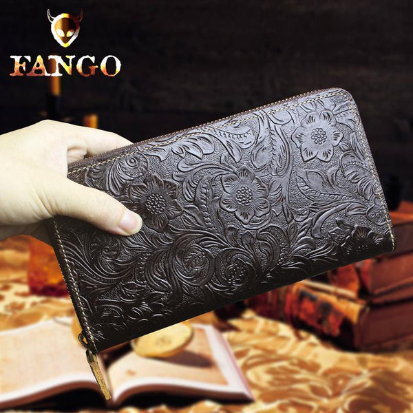Handmade Leather Floral Mens Cool Travel Long Wallet Card Holder Card Slim Clutch Wallets for Men - imessengerbags