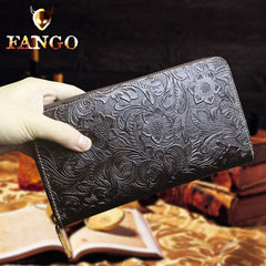 Handmade Leather Floral Mens Cool Travel Long Wallet Card Holder Card Slim Clutch Wallets for Men - imessengerbags