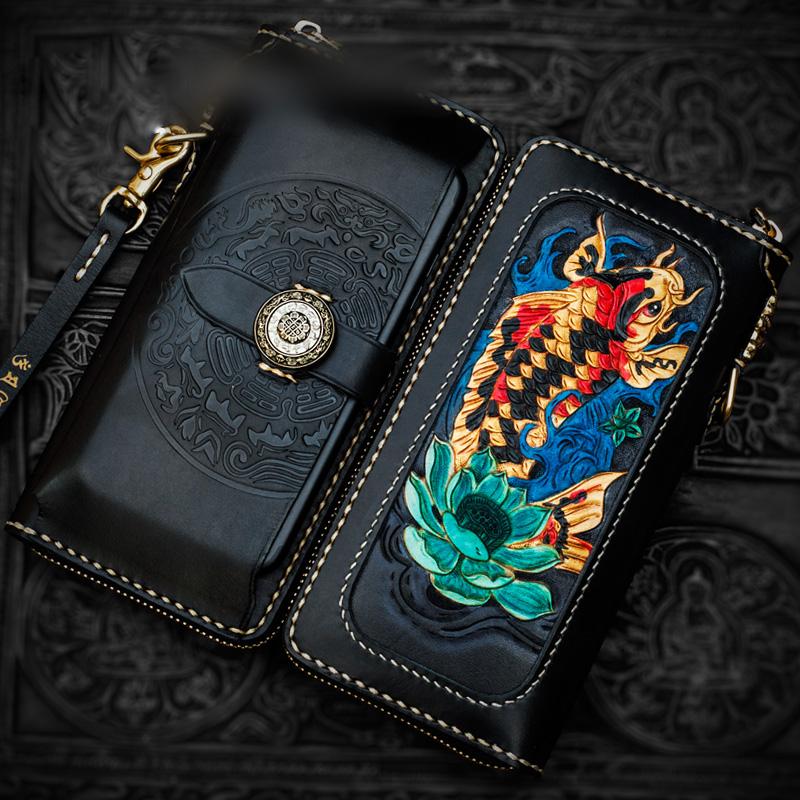 Handmade Leather Tooled Carp Mens Chain Biker Wallet Cool Leather Wallet Long Phone Wallets for Men