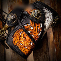Handmade Leather Tooled Floral Mens Chain Biker Wallet Cool Leather Wallet With Chain Wallets for Men