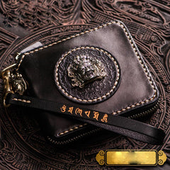 Handmade Leather Small Tooled Mens billfold Wallet Cool Chain Wallet Biker Wallet for Men