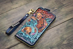 Handmade Leather Carp Mens Chain Biker Wallet Cool Leather Wallet Long Phone Wallets for Men