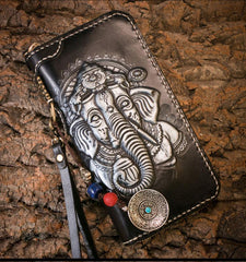 Handmade Leather Mens Chain Biker Wallet Cool Tooled Ganesha Wallet Long Phone Wallets for Men